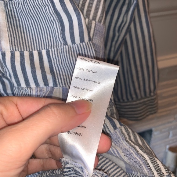 Anthropologie Maeve Blue Striped Patchwork Button Down 3/4 Top Small High Lo - Picture 5 of 9